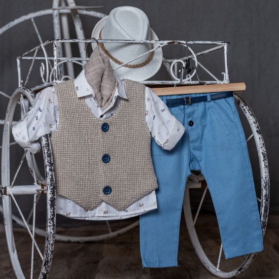 Baptismal clothing for boy in ecru and blue tones