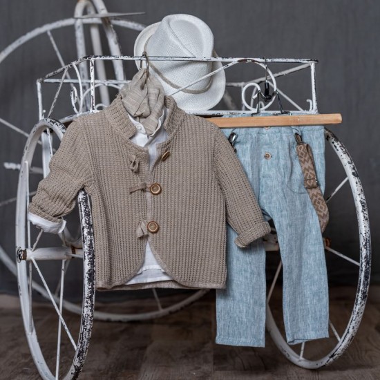 Baptism kit for boy with cardigan in beige and mint tones