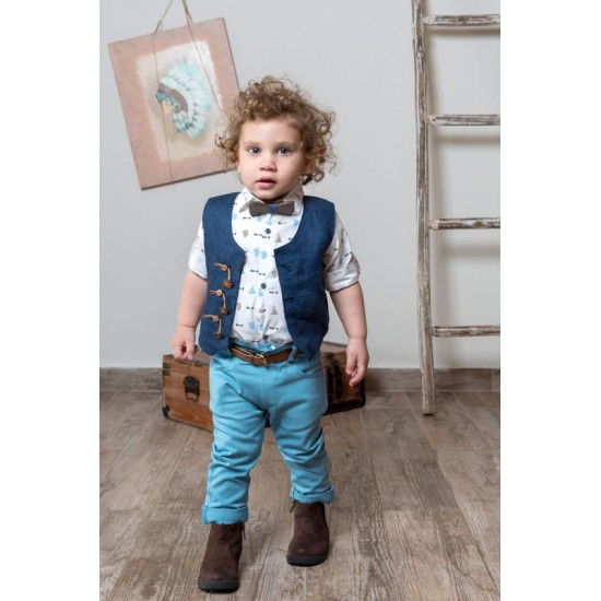 Baptism set clothes for boy with wooden bow tie